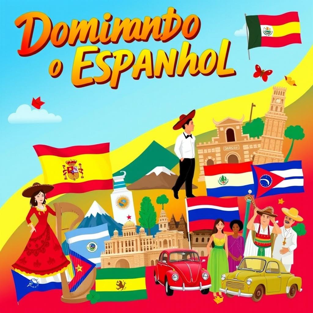 A dynamic and colorful eBook cover for "Dominando o Espanhol", showcasing the cultures of Spain, Mexico, Argentina, Colombia, Chile, Peru, Venezuela, Ecuador, Cuba, and Bolivia
