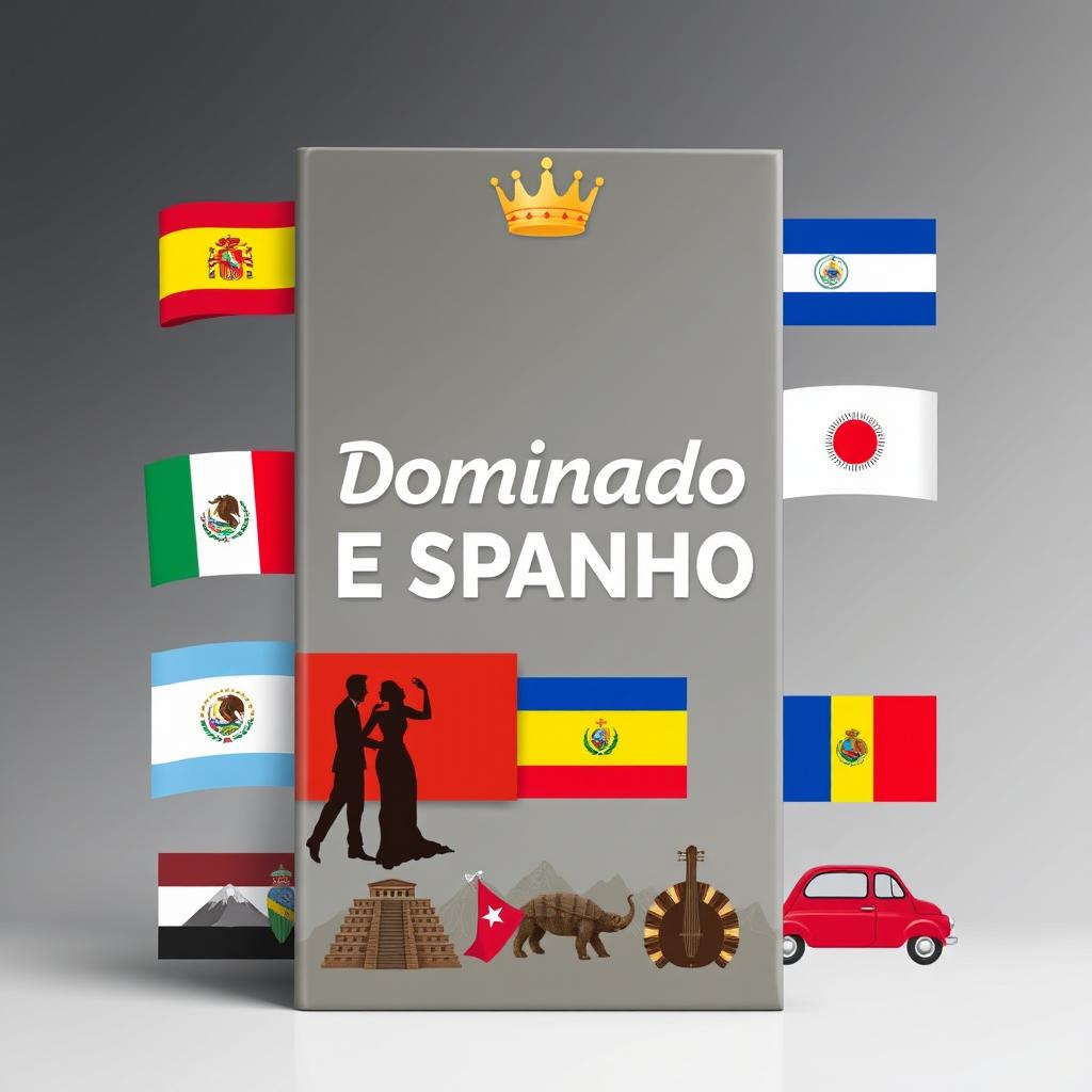 A modern and eye-catching eBook cover for "Dominando o Espanhol" that elegantly integrates the cultures of Spain, Mexico, Argentina, Colombia, Chile, Peru, Venezuela, Ecuador, Cuba, and Bolivia