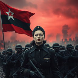 A dark realism scene featuring a female military officer dressed entirely in black, emphasizing her cold, determined gaze