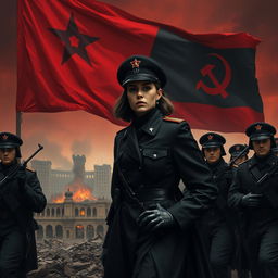 A dark realism scene featuring a female military officer dressed entirely in black, emphasizing her cold, determined gaze