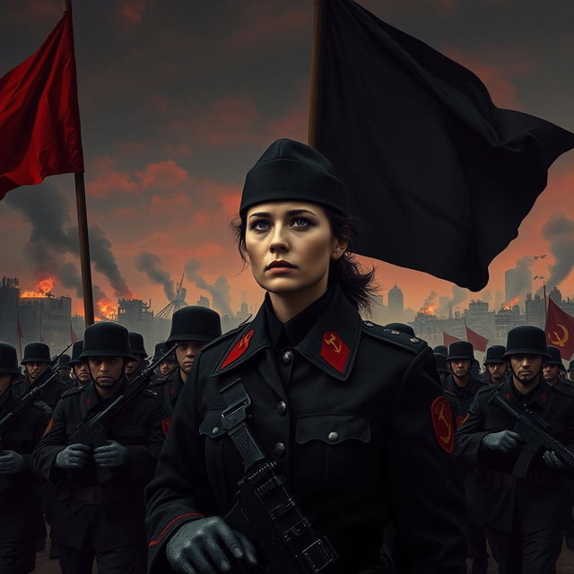 A dark realism scene featuring a female military officer dressed entirely in black, emphasizing her cold, determined gaze