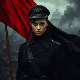 A dark realism scene featuring a female military officer dressed entirely in black, highlighting her cold, determined gaze