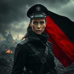 A dark realism scene featuring a female military officer dressed entirely in black, highlighting her cold, determined gaze