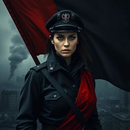 A dark realism scene featuring a female military officer dressed entirely in black, highlighting her cold, determined gaze