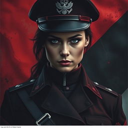 A dark realism scene featuring a female military officer dressed in a striking combination of black and red, highlighting her cold, determined gaze