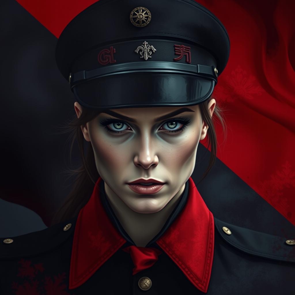 A dark realism scene featuring a female military officer dressed in a striking combination of black and red, highlighting her cold, determined gaze
