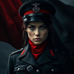 A dark realism scene featuring a female military officer dressed in a striking combination of black and red, highlighting her cold, determined gaze