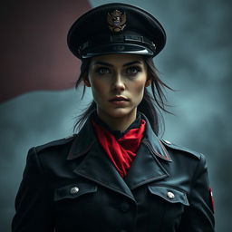 A dark realism scene featuring a female military officer dressed in a striking combination of black and red, highlighting her cold, determined gaze