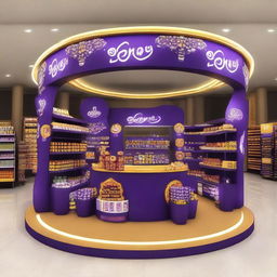 Generate an image of a supermarket Cadbury chocolate stand adorned with Ramadan-inspired motifs, featuring shelves displaying delectable treats, decorated with Islamic-curvy shapes and Ramadan lanterns, illuminated by warm light to create a festive atmosphere.