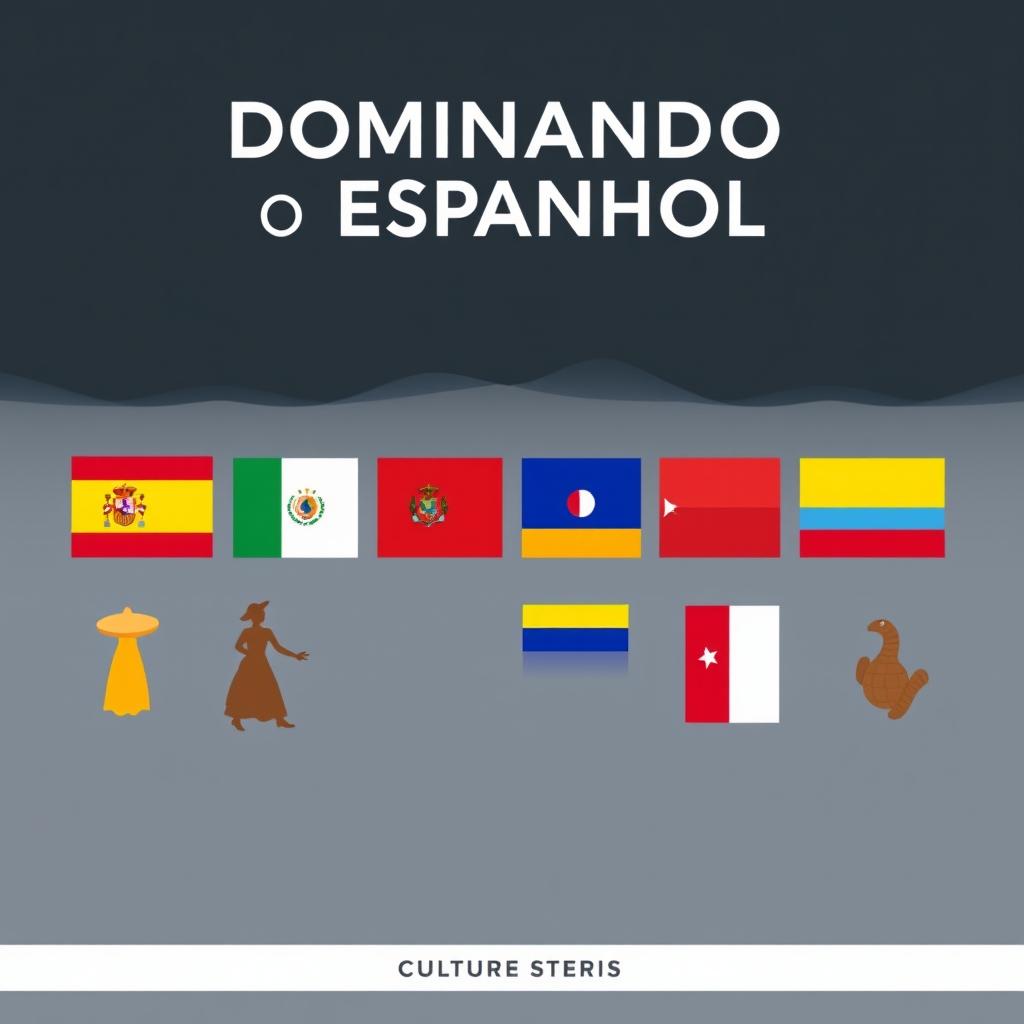 A modern and stylish eBook cover for "Dominando o Espanhol" that creatively showcases the vibrant cultures of Spain, Mexico, Argentina, Colombia, Chile, Peru, Venezuela, Ecuador, Cuba, and Bolivia