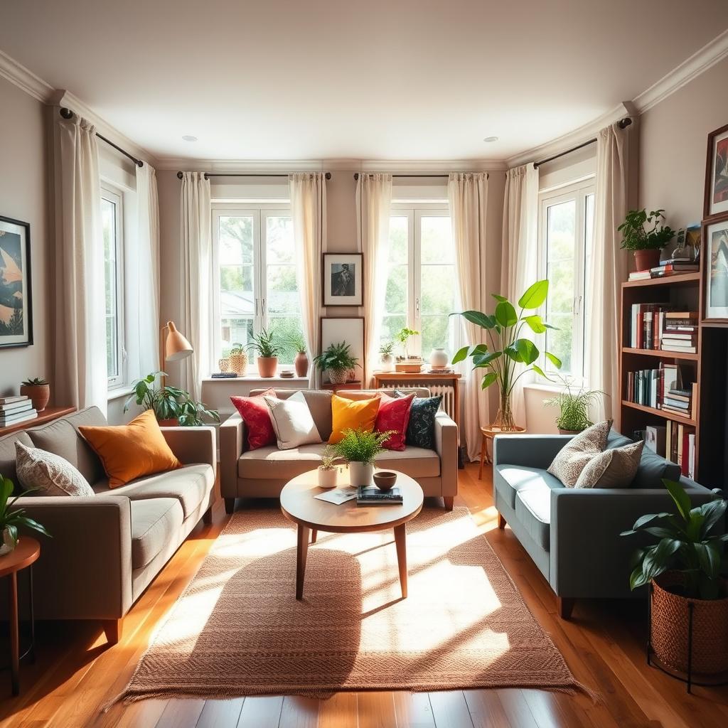 A cozy, well-decorated living room featuring a stylish sofa with colorful throw pillows, a wooden coffee table in front, and an inviting ambiance