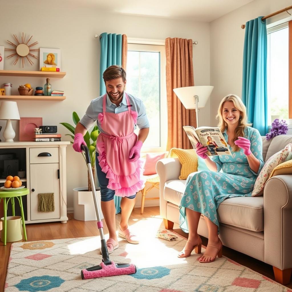 A humorous and playful scene depicting a wife enjoying watching her husband dressed in feminine attire while performing various household chores