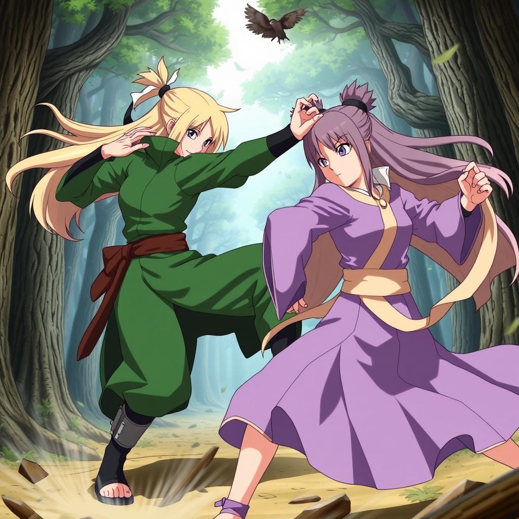 An epic battle scene between Tsunade and Hinata from Naruto, showcasing intense martial arts combat