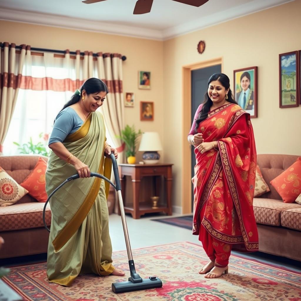 An Indian woman in traditional attire, such as a saree, confidently overseeing her husband as he engages in domestic chores