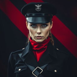A striking image of a female military officer dressed entirely in black and red, emphasizing her cold, determined gaze