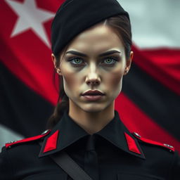 A striking image of a female military officer dressed entirely in black and red, emphasizing her cold, determined gaze