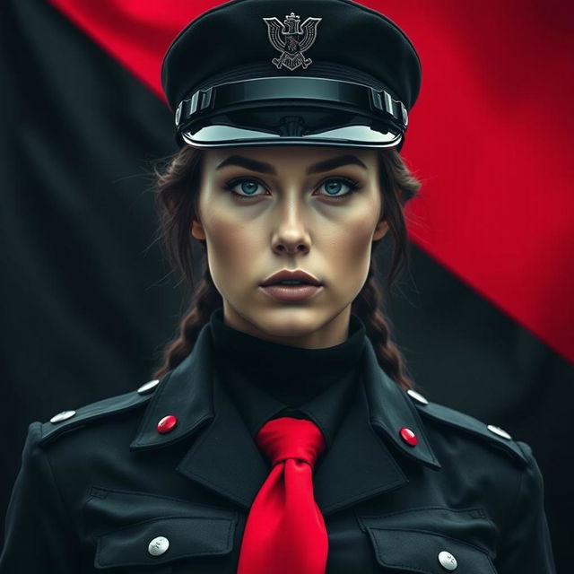 A striking image of a female military officer dressed entirely in black and red, emphasizing her cold, determined gaze