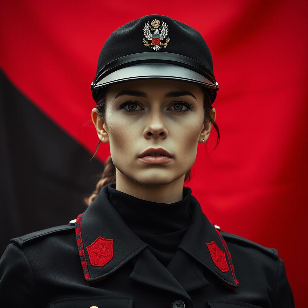A striking image of a female military officer dressed entirely in black and red, emphasizing her cold, determined gaze