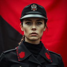 A striking image of a female military officer dressed entirely in black and red, emphasizing her cold, determined gaze