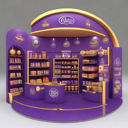 Generate an image of a supermarket Cadbury chocolate stand adorned with Ramadan-inspired motifs, featuring shelves displaying delectable treats, decorated with Islamic-curvy shapes and Ramadan lanterns, illuminated by warm light to create a festive atmosphere.