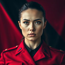 A compelling image of a female military officer dressed entirely in black and red, emphasizing her cold, determined gaze
