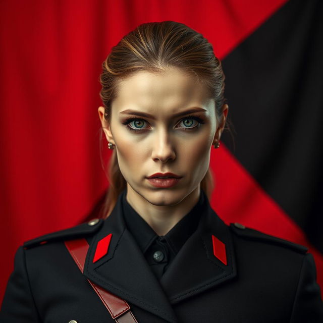 A compelling image of a female military officer dressed entirely in black and red, emphasizing her cold, determined gaze