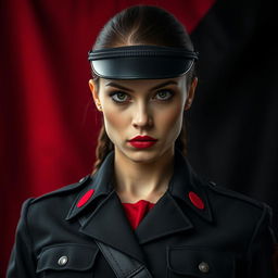 A compelling image of a female military officer dressed entirely in black and red, emphasizing her cold, determined gaze