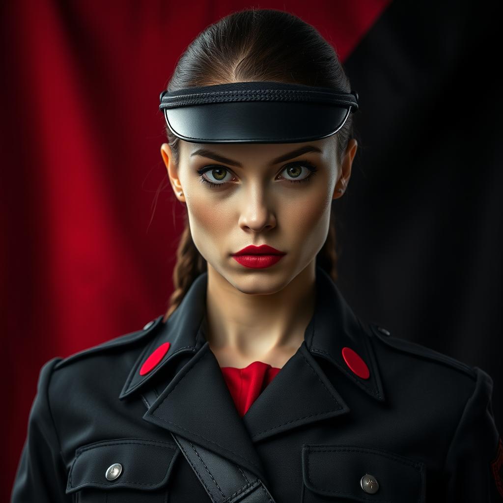 A compelling image of a female military officer dressed entirely in black and red, emphasizing her cold, determined gaze