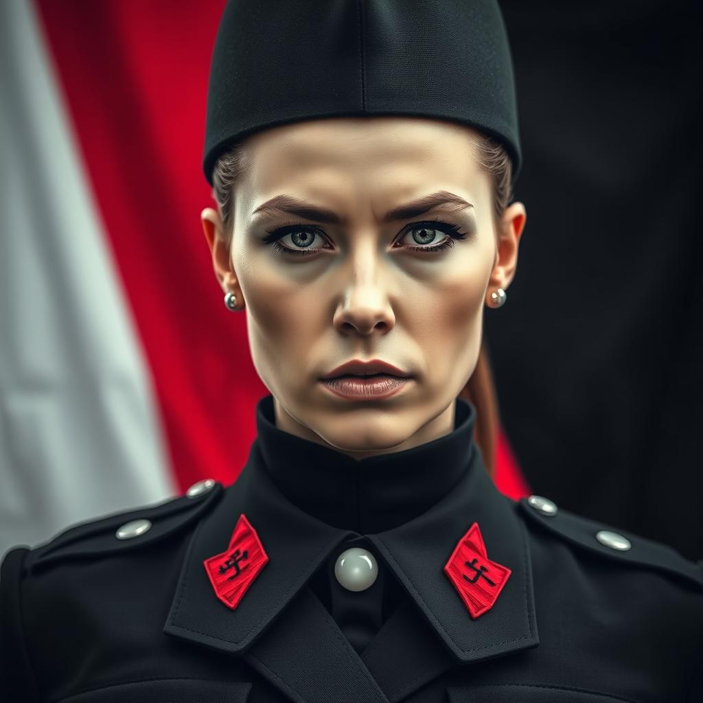 An impressive image of a female military officer dressed entirely in black and red, showcasing her cold, determined gaze