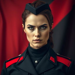 An impressive image of a female military officer dressed entirely in black and red, showcasing her cold, determined gaze