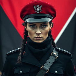 An impressive image of a female military officer dressed entirely in black and red, showcasing her cold, determined gaze