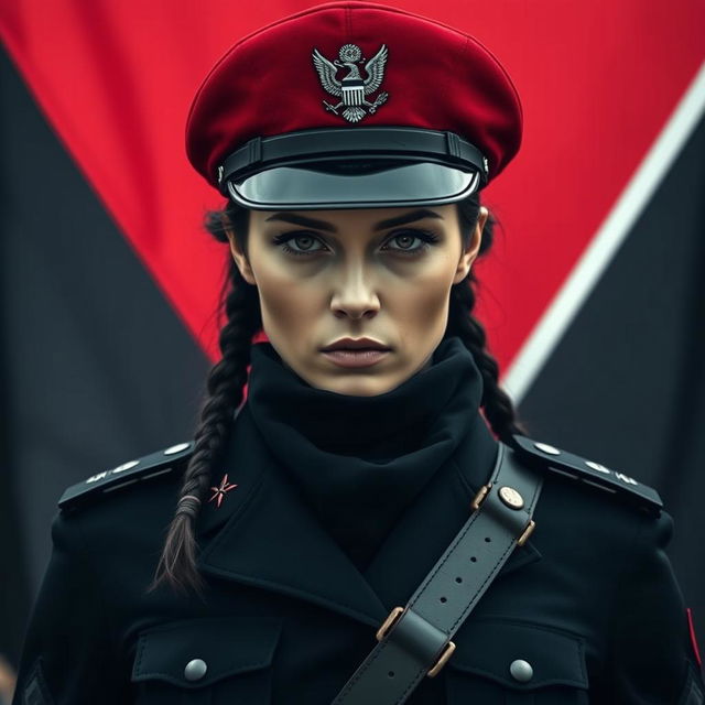 An impressive image of a female military officer dressed entirely in black and red, showcasing her cold, determined gaze