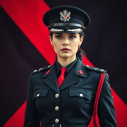An image of a female military officer dressed entirely in black and red