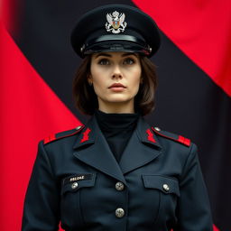 An image of a female military officer dressed entirely in black and red