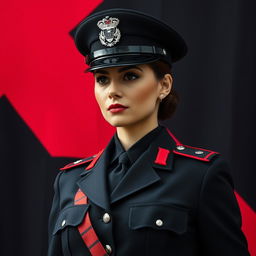 An image of a female military officer dressed entirely in black and red