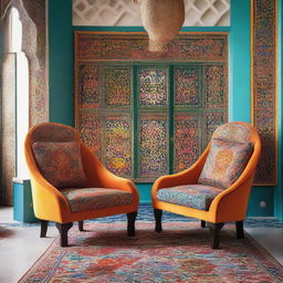 Two chairs integrated into a vibrant scene, decorated in a color-rich modern Arabic style, featuring intricate patterns and unique designs.