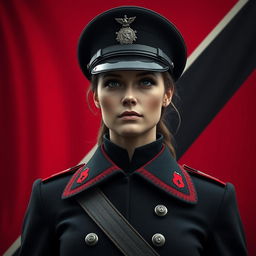 An image of a female military officer dressed entirely in black and red, in the style of a Heart of Iron IV portrait
