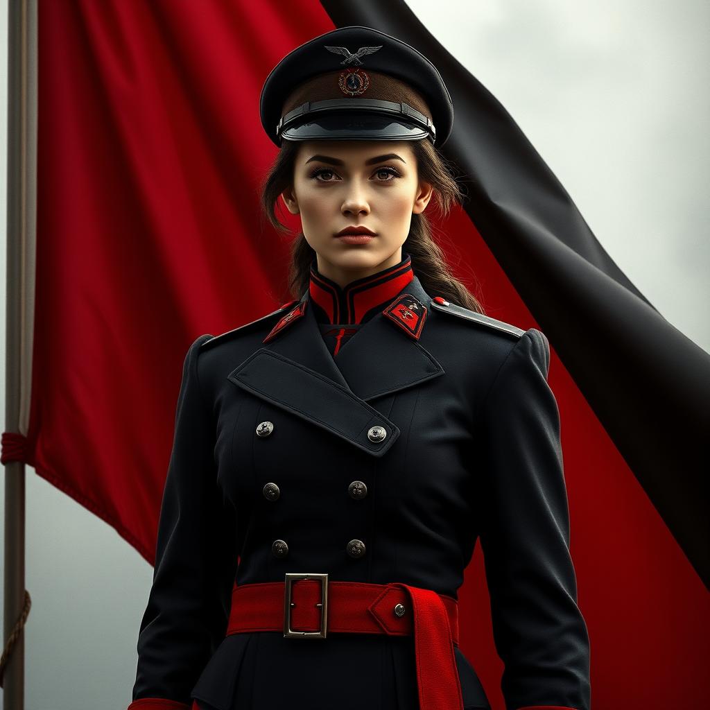 An image of a female military officer dressed entirely in black and red, in the style of a Heart of Iron IV portrait
