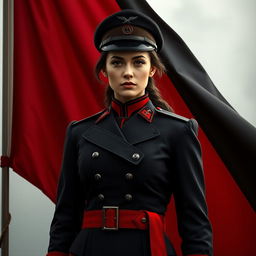 An image of a female military officer dressed entirely in black and red, in the style of a Heart of Iron IV portrait