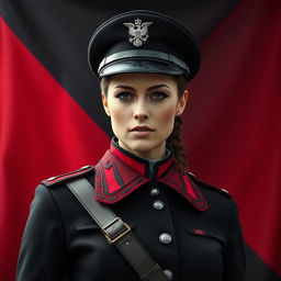 An image of a female military officer dressed entirely in black and red, in the style of a Heart of Iron IV portrait