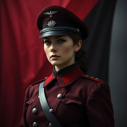 An image of a female military officer dressed entirely in black and red, in the style of a Heart of Iron IV portrait