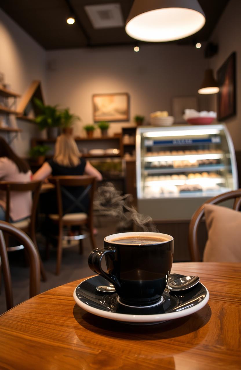 A cozy coffee shop scene featuring a wooden table with a steaming cup of coffee placed on it