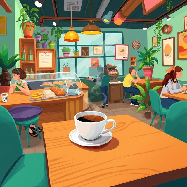 A vibrant 2D illustration of a cozy coffee shop scene featuring a wooden table with a steaming cup of coffee placed on it