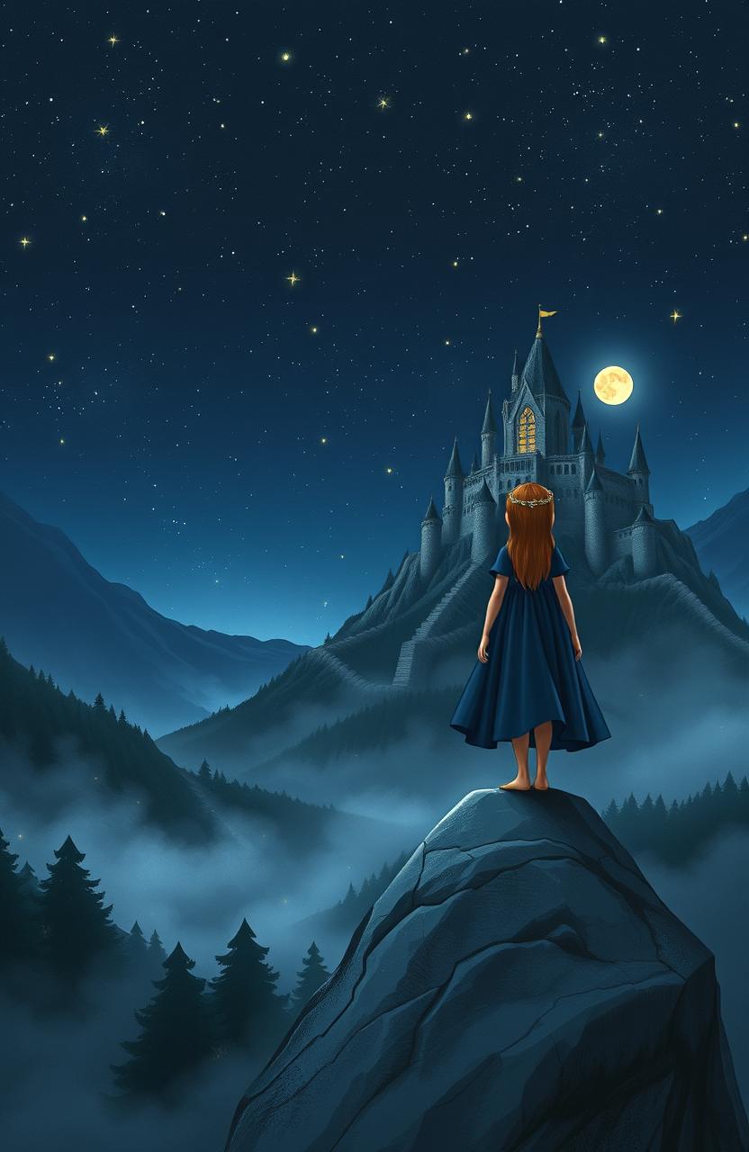 A girl wearing a fantasy dark blue dress stands gracefully on a large, rugged rock, gazing dreamily at a magnificent castle in the distance