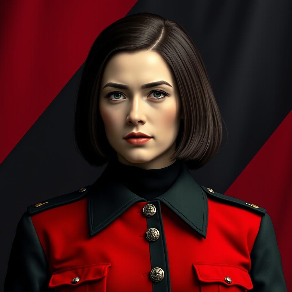 An image of a female military officer dressed entirely in black and red, featuring medium-length square-cut hair