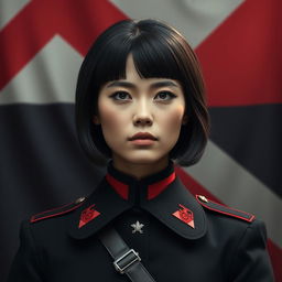 An image of a female military officer dressed entirely in black and red, featuring medium-length square-cut hair