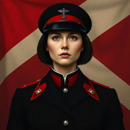 An image of a female military officer dressed entirely in black and red, featuring medium-length square-cut hair
