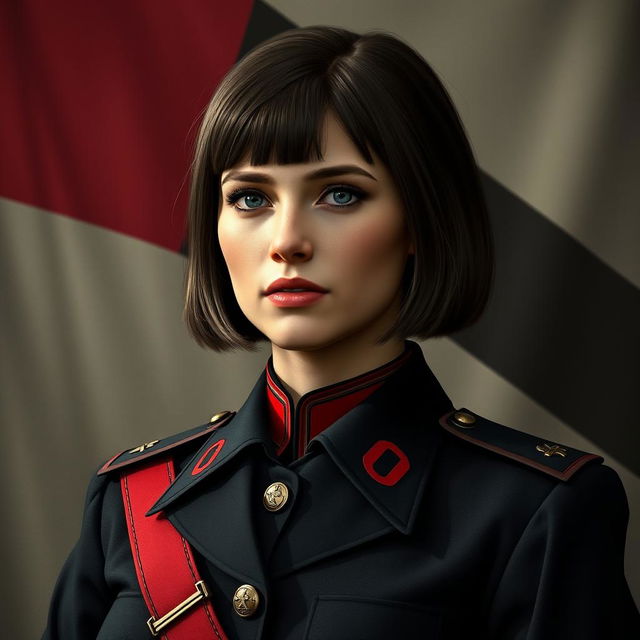 An image of a female military officer dressed entirely in black and red, featuring medium-length square-cut hair