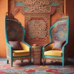 Two chairs integrated into a vibrant scene, decorated in a color-rich modern Arabic style, featuring intricate patterns and unique designs.