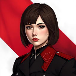 An image of a female military officer dressed entirely in black and red, featuring medium-length square-cut hair